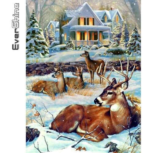 Evershine Diamond Embroidery Deer Animals Picture Rhinestone Cross Stitch Diamond Painting Winter Mosaic House 5D DIY Wall Decor