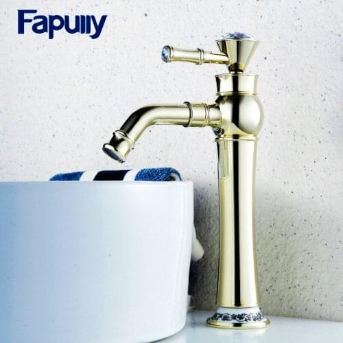 Fapully Bathroom Basin Gold Faucet Brass with Diamond Crystal Single Handle Basin Mixer Tap 567-22G