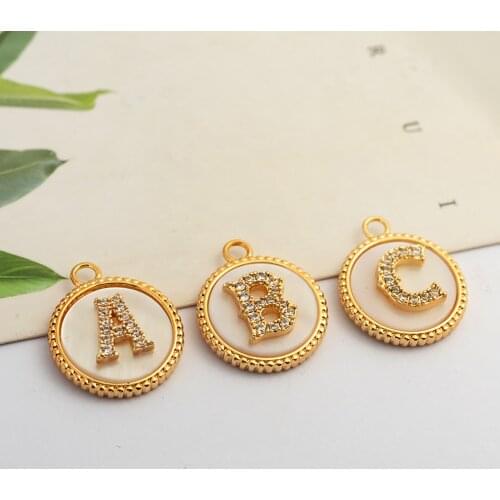 5PCs Copper Micro Pave Pendant For Jewelry DIY Making Gold Filled Round Initial Alphabet/ Capital Letter " A " Clear Rhinestone