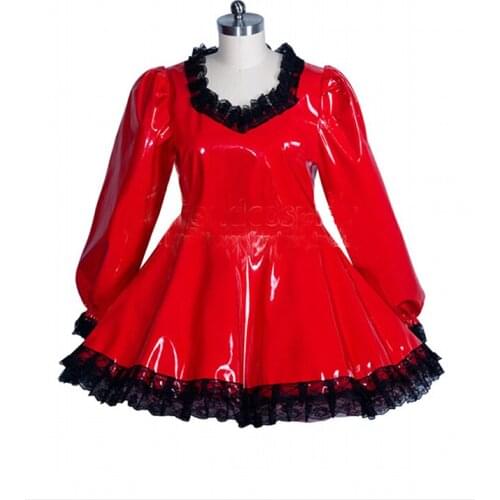 Cute Womens Lolita PVC Dress Sweet Black Lace A-line Vinyl Dress Lockable Maid Uniform Gothic Plus Size Long sleeve Sissy Dress