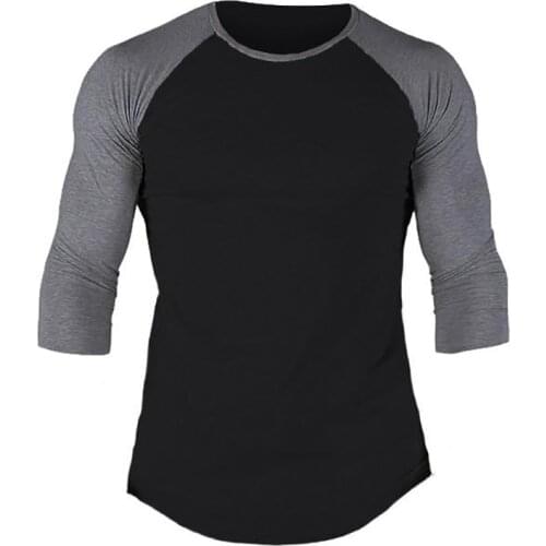 Muscleguys Fitness T shirt Men Solid Color Patchwork T shirts Male Fashion O-neck Seven quarter Sleeve Tshirt Slim Fit Tee Shirt