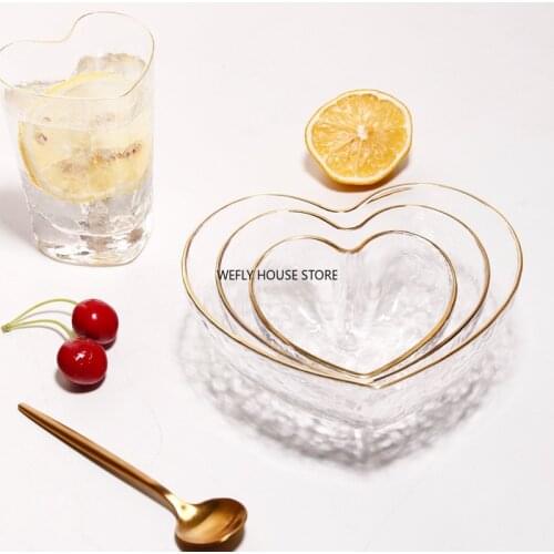 Heart Shape Bowls and Cup Set Japanese Style Glod Rim Clear Glass Food Salad Oats Fruit Dessert Snack Dish kitchen table set