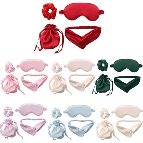 4pcs Sleeping Set Silk Night Eye Mask Headband Hair Tie Help to Sleep Aid Blindfold with Cloth Bag Eyepatch Rest for Men Women