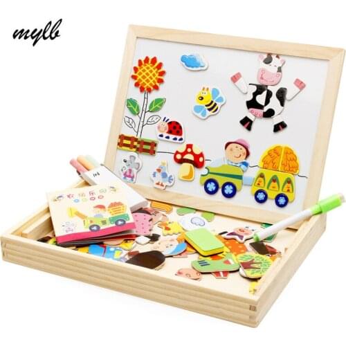Mylb Educational Farm Jungle Animal Wooden Magnetic Puzzle Toys for Children Kids Jigsaw Babys Drawing Easel Board