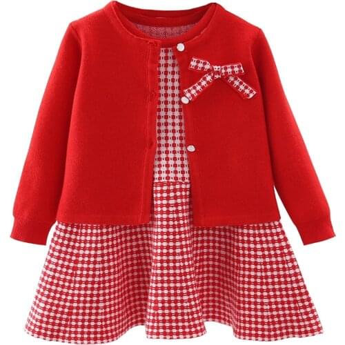 Autumn Childrens Baby Sweater Knitting Long Sleeve Dress Christmas Day Party Girls Plaid Sweater Coat Plaid Vest Suit Dress