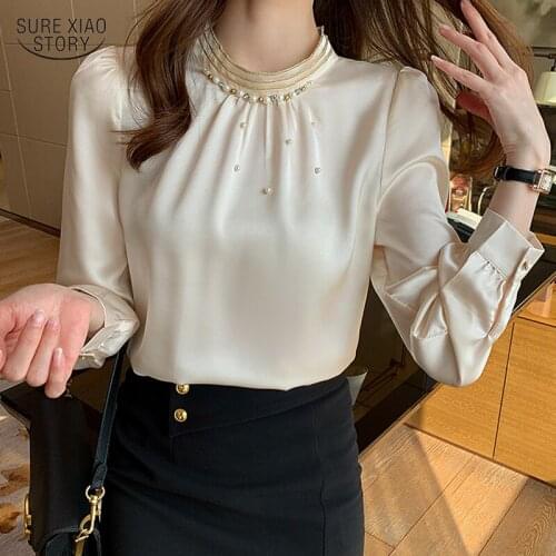 Autumn Stand-up Collar Trend Blouse Women Long-sleeved Solid Beaded Chiffon Shirt Loose Elegant Casual Ladies Blusa Mujer 16390