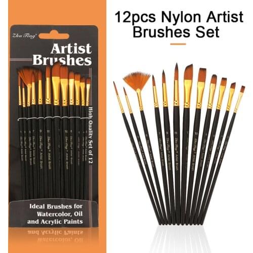12pcs Professional Watercolor Paint Brushes Set Artist Synthetic Fine Nylon Brush Different Size for Acrylic Oil Gouache Acrylic