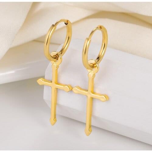 Fashion Cross Earrings Gold Gothic Punk Cartilage Drop Dangle Stainless Steel Earring Religious Faith Jewelry For Women Men Gift