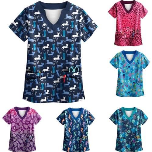 Cartoon print spa uniform beauty salon Pet shop uniform Doctor nurse uniform Fashion Slim V-neck Fit top scrub pocket clothes