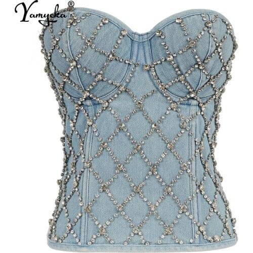 Sexy Denim Rhinestone corset crop top women summer lace up bustier Party tube y2k top Push Up bra night club Cropped ladies tops
