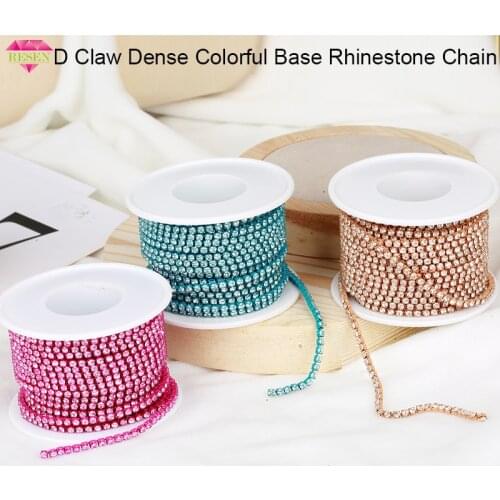 RESEN Unique New! 2.5mm Glass D Claw Rhinestone Dense Chain Apparel Colorful Rhinestone Cup Chain Sewing Rhinestone Chain Trims