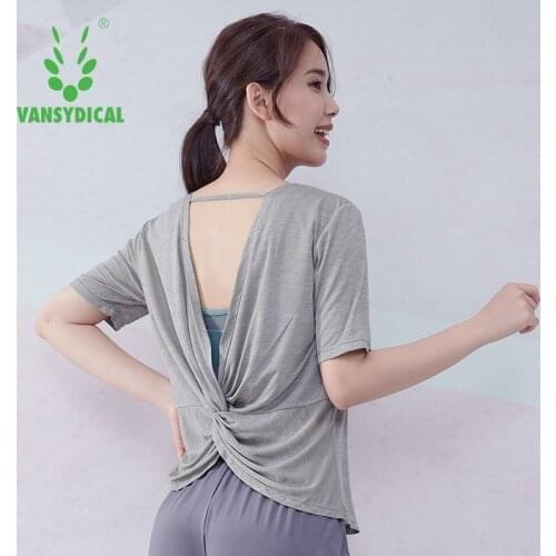 Vansydical Womens V-Neck Yoga Shirts Sexy Backless Quick Dry Running T-Shirts Short Sleeve Workout Gym Fitness Loose Sports Tops