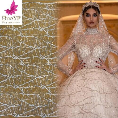 Gorgeous White Silver Bridal Tulle Lace Fabric With Sequins And Beads For Wedding Dress HY1465