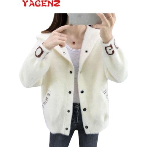 YAGENZ Autumn Winter Imitation mink cashmere Sweater jacket cardigan sweater Women Hooded Letter Short Coat Thick Outwear 514