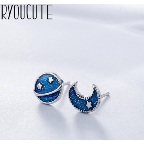 RYOUCUTE Real Silver Color Blue Star Earrings for Women Female Jewelry Round Silver Earrings Girls Gift Pendientes