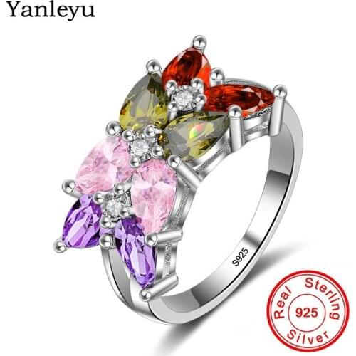Yanley 100% 925 Sterling Silver Finger Ring for Women Flower Party Jewelry With AAA+ Multicolor Cubic Zircon Wedding Ring PR268