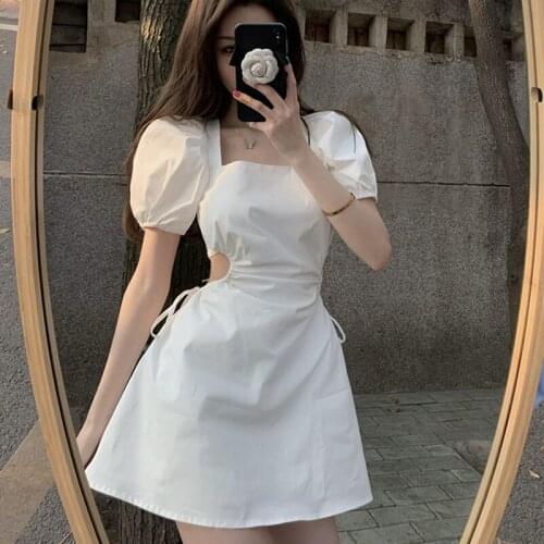 Womens Summer Dress 2021 New Design Bare Waist French First Love White Puff Sleeve Back Hollow Sexy Lace Square Neck Mini Dress