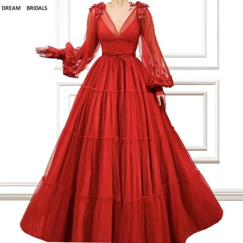 A-Line Tiered Pleat Robe De Soiree Illusion Long Sleeves Sexy V-Neck Women Evening Prom Dresses New Arrival 2019