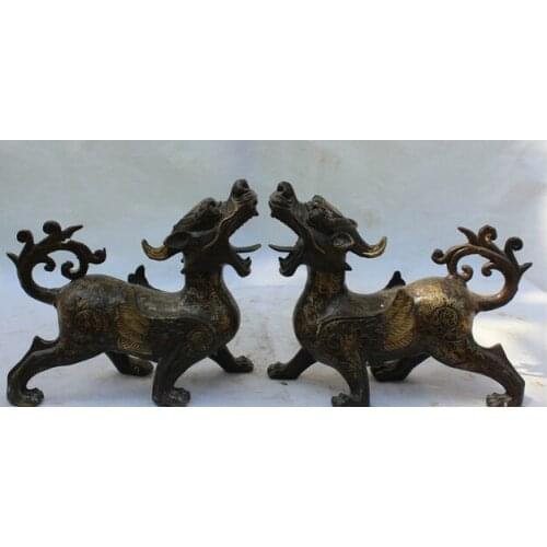 Bi001890 12" Chinese Folk Feng Shui Bronze Fly Unicorn Beast Pi Xiu Statue Sculpture Pair
