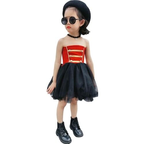 Little Girls Tulle Dress Cute Sleeveless Striped Print Button Front Tutu Dress for Children