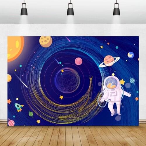 Laeacco Cartoon Astronaut Photo Backdrops Planet Blue Starry Roket Space Station Child Birthday Party Photographic Backgrounds