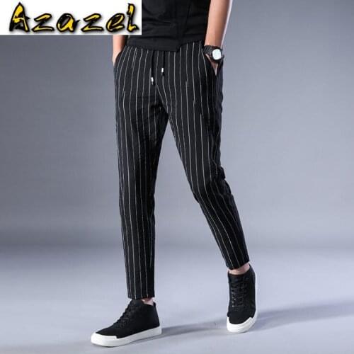 Hot 2020 New mens clothing Fashion hair stylist stripe Ankle- Length pants Men Elastic waist linen plus size pencil pants 28-38