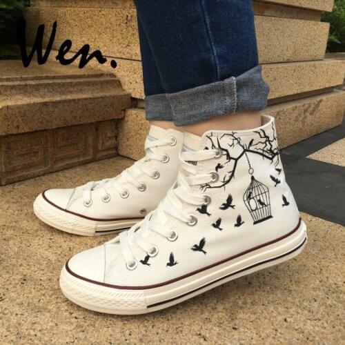 Wen Design Custom Hand Painted White Canvas Shoes Bird Cage Men Women High Top Sneakers Flats Lace Up Gifts Birthday Presents