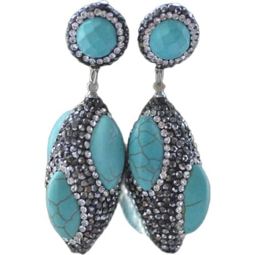 MTC·STAR Z10584 35mm Blue Turquoise Round Shuttle CZ Bead Dangle Earring