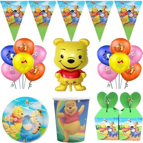 Winnie The Pooh Disposable Tableware Set Cups Baby Shower Party Decorations Birthday Party Disposable Cup Tablecover