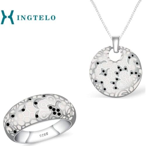 XINGTELO 925 Sterling Silver Jewelry Set Black Spinel Ring Pendant and Chain Romantic Engagement Jewelry for Women