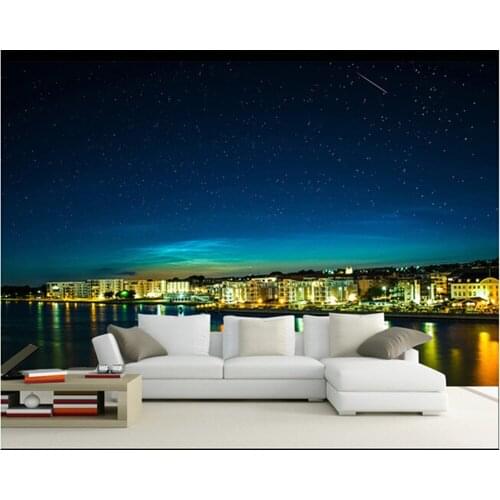 The latest 3D murals,3D Overlooking the beach at night, living room TV sofa bedroom background wall paper
