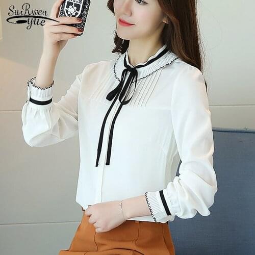 New Korean Womens Chiffon Blouse 2021 Fall Plus Size Bow Long Sleeve Women Shirt Casual Slim Solid Ladys Clothes 6054 50