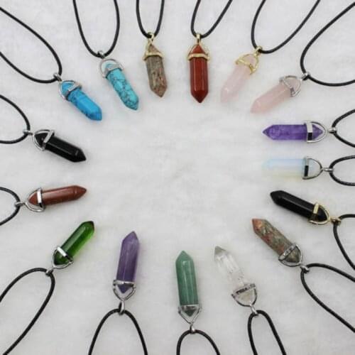 Natural Stone Necklace Crystal Pendant Necklaces Hexagonal Bullet Reiki Chakra Real Raw Pink Purple Gem Women Jewelry Wholesale