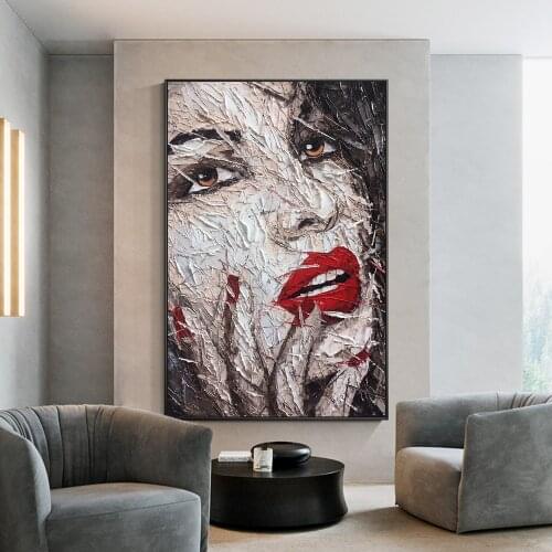 Pallete Knife Face Painting Red lips nails Handmade Canvas Large Oil Wall Art Acrylic Heavy Texture Living Room Home Decor