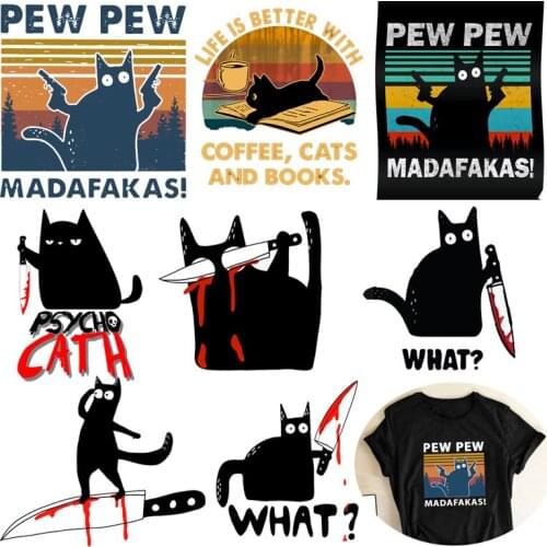 Pew Pew Madafakas T-shirt printing 2021 interesting new cat heat transfer DIY iron sticker on womans shirt bag for children