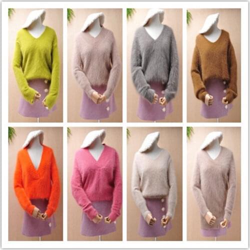 Ladies women fashion hairy fluffy mink cashmere knit v-neck long sleeves loose pullover angora rabbit fur winter jumper sweater