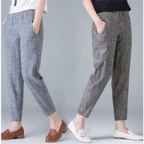 Plus Size 4XL Cotton Linen Pants Summer Loose High Waist Stripe Women Harem Pant Casual Pantalon Female Sweatpants Trouser P270