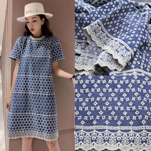 High grade denim embroidered cloth cotton embroidery blue all cotton dress handmade DIY fashionable fabric