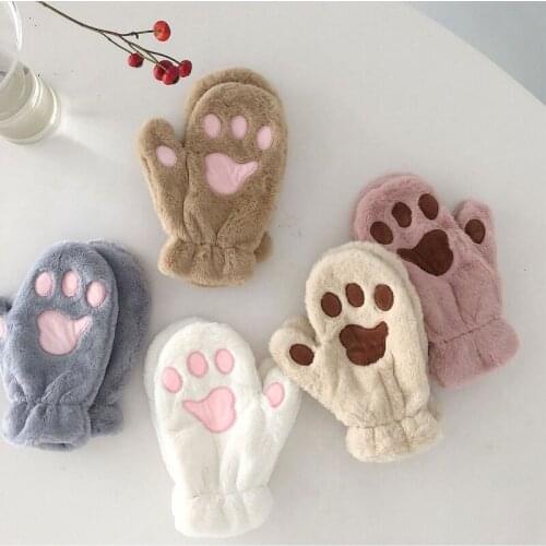 Women Student Winter Fuzzy Plush Full Finger Gloves Cute Cartoon Cat Paw Solid Color Outdoor Windproof Snow Ski Mittens