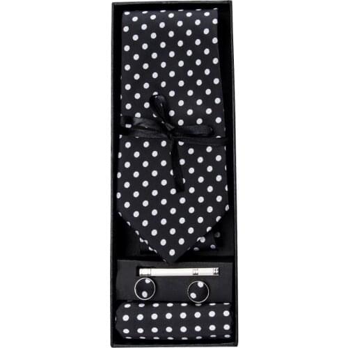 GB-1459 Barry.Wang Black Dot Necktie Set & Gift Box Jacquard Woven Silk Hanky Cufflink Ties For Men Business Wedding Party Groom