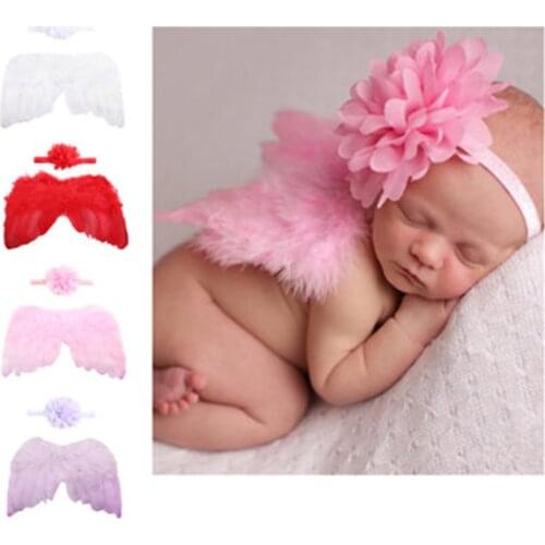 Baby Newborn Solid Color Angle Feather Wing And Flower Headband Photograph Prop Suit Infant Clothes Suit