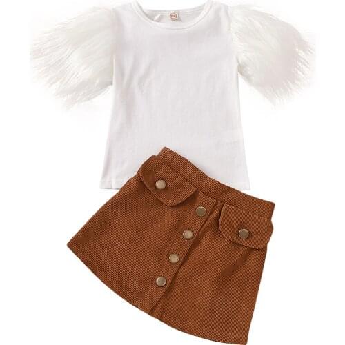 Pudcoco Kids Girls 2020 Fashion Outfits Feather Sleeve Round Neck Top+Brown Button Skirt 2-8Y Toddler Baby Girl Clothes 2Pcs Set