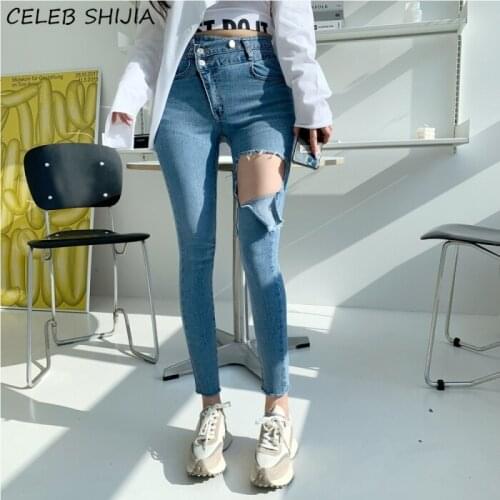 Korean Irregular Denim Jeans Woman Elastic High Waist Hole Pencil Pants Woman Streetwear Clothes Summer Blue Skinny Jeans Female