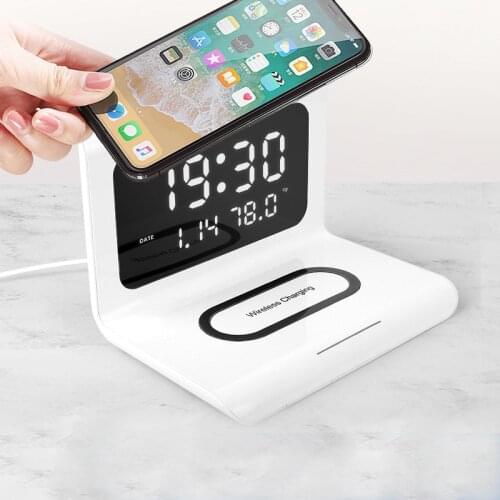 Electronic Alarm Clock Temperature Calendar Display Wireless Charger LED Digital Clock Fast Charge Table Decor Clock
