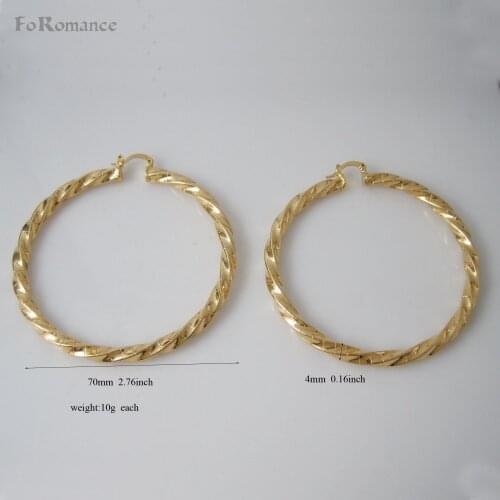 FoRomance /SURFACE WITH LINES ON IT YELLOW GOLD GP OVERLAY ROUND BIG HUGE HOOP EARRING DIAMETER 70MM 2.76" BIGGEST WIDTH 4MM