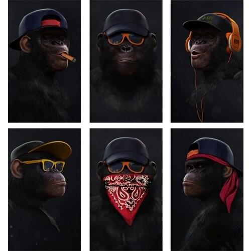 Canvas Painting Funny Animal Gorilla Hip-hop Monkey with Glasses Headset Art Posters and Pictures for Living Room Decoration