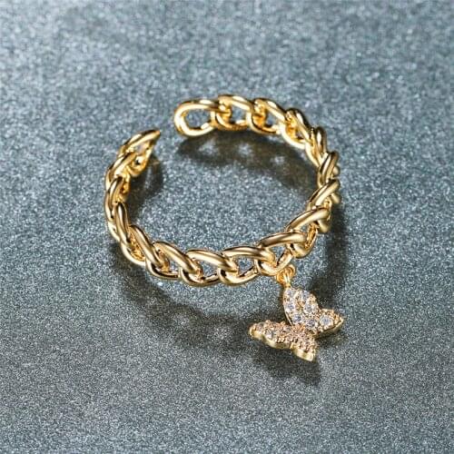Trendy Luxury Simple Design Crystal Butterfly Chain Ring Adjustable Open 3 Colors Womens Rings Jewelry Accessories Gifts