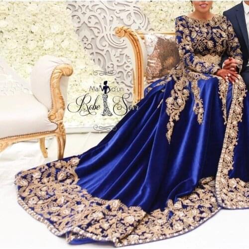 Royal Blue Moroccan Kaftan Caftan Muslim Evening Dresses A-line Long Sleeves Appliques Dubai Arabic Turkey Abaya Islamic Gown