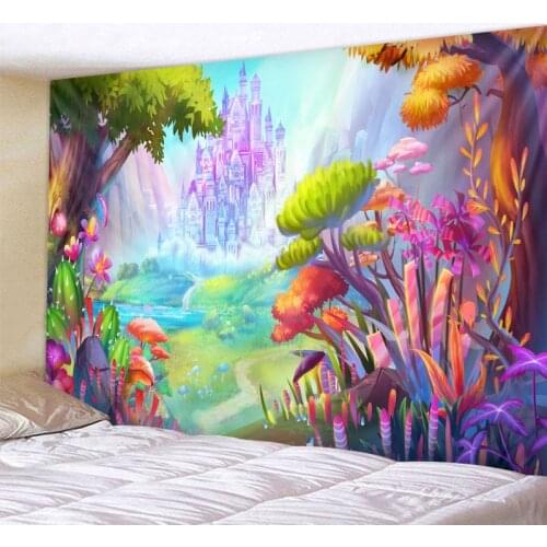 Beautiful Castle Tapestry Psychedelic Mushroom Sky Fantasy Scene Tapestry Mandala Hippie Yoga Mat Travel Mattress Home Decor