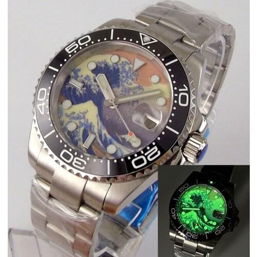 40mm Mens watch Automatic Mechanical Wristwatch Japan NH35A Surfing Dial Sapphire Glass Oyster Bracelet Date Display Green Lume